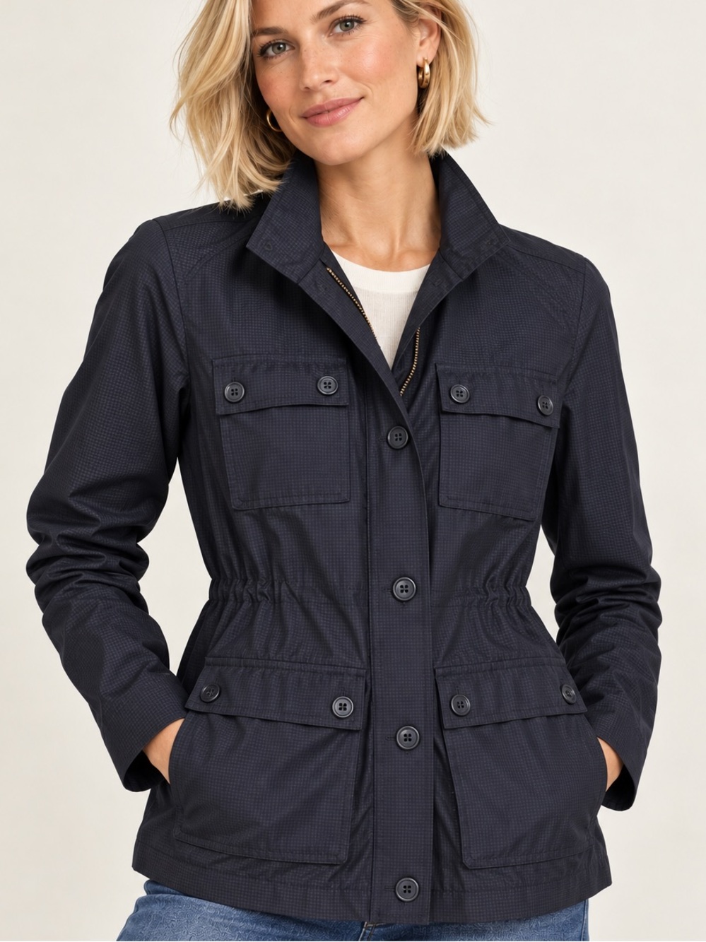 Brooks Brothers Navy Micro-Check Utility Jacket Preppy Coastal Chic Classic Sz 6